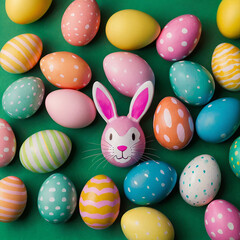 Obraz premium Colorful Easter eggs isolated on green background. Colorful Easter bunny.