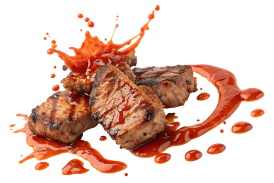 Appetizing Close Up of Four Grilled Beef Steak Portions with Grill Marks and Sauce Splatters.