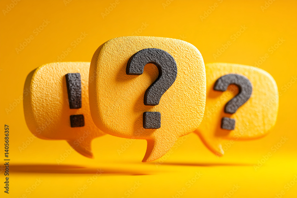 Poster three yellow speech bubbles with black question marks and exclamation mark, on yellow background, sy