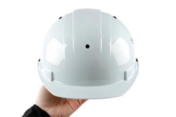 A hand holds a clean white safety helmet against a transparent background, showcasing protective equipment