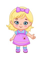 Cute cartoon girl with blonde hair and pink dress on white background