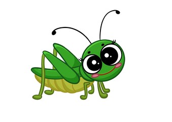 Cute cartoon grasshopper with big eyes on a white background