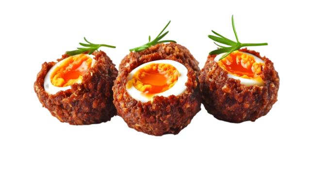 Isolated Photo of Three Scotch Eggs on Transparent Background