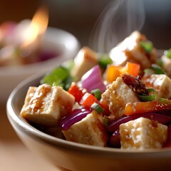 Steaming Hot Sesame Tofu Stir Fry with Bell Peppers and Onions