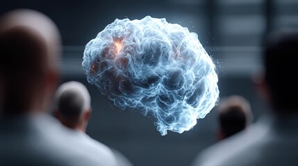 Futuristic holographic brain displayed to diverse audience in scientific presentation