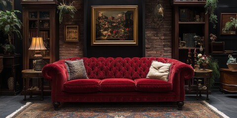 Luxurious Red Chesterfield Sofa in Dark Room with Antique Furnishings and Rich Decor