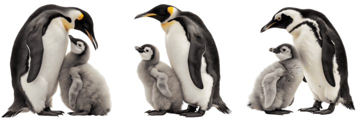 Set of Adult Penguins Caring for Chicks Displaying Tenderness Isolated On Transparent Background