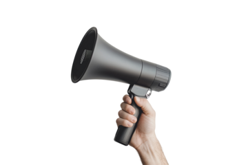 Hand holding a grey megaphone against a transparent background, conveying a message for communication