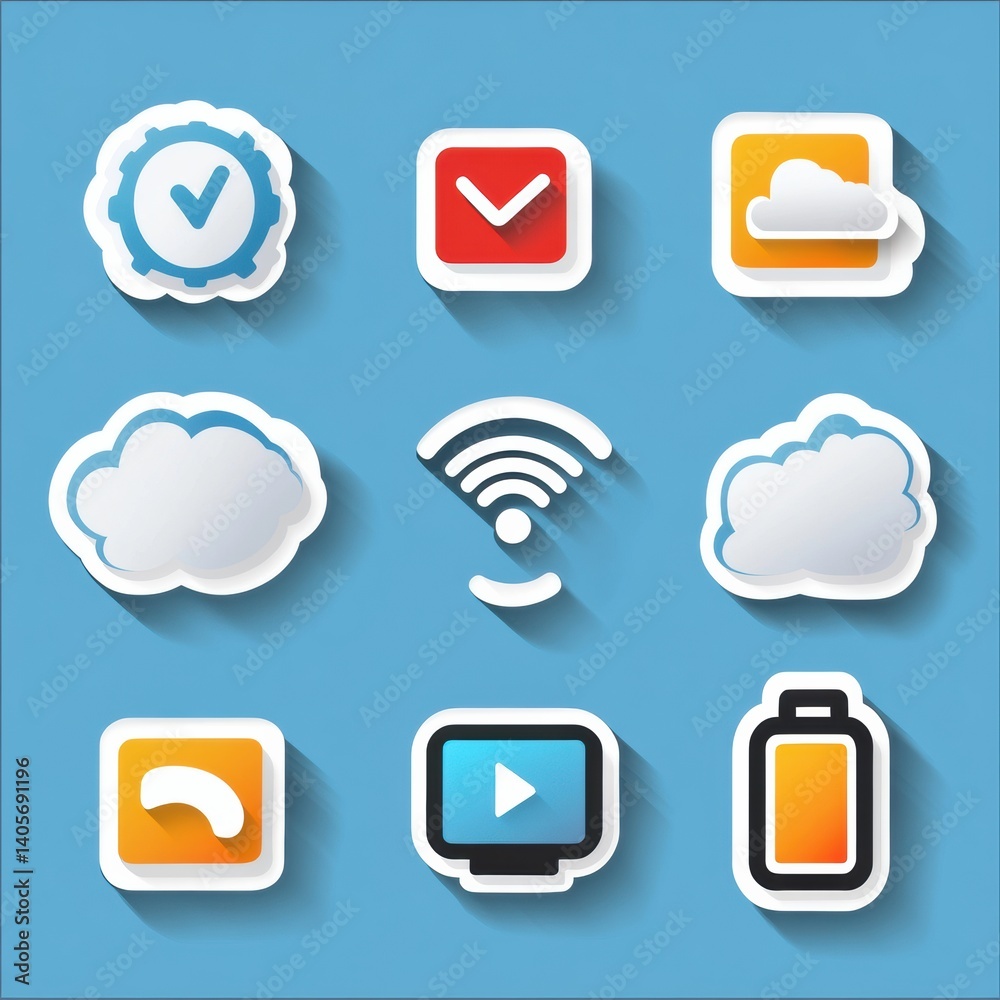 Poster tech pictogram stickers set featuring wifi signal, cloud icons, gear, and battery symbol on a blue b
