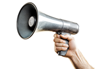 A hand grips a gray megaphone against a transparent background, prepared to amplify a message