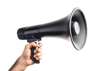 A hand grips a black megaphone against a transparent background, signaling announcements and amplified voice