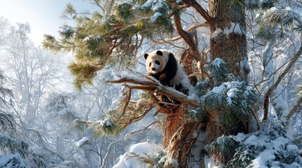 Obraz premium Generic Panda Climbing Moment Forest Tree Snowy 9it2h2h