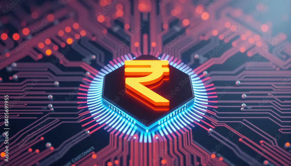Poster digital representation of indian rupee currency symbol on circuit board illustrating financial techn