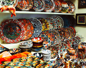 Colorful dish souvenirs for sale in a shop in Morocco