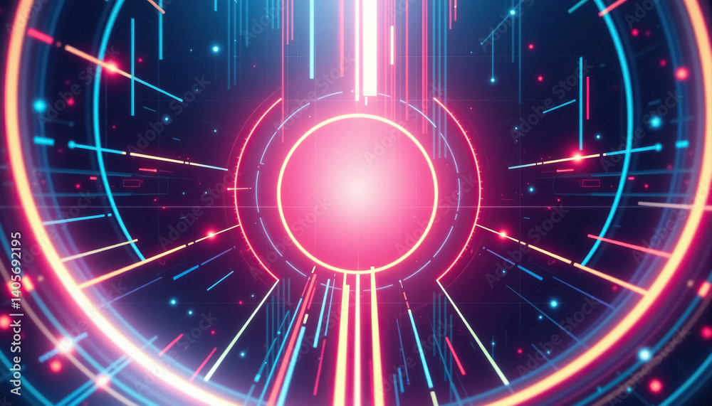 Poster Abstract glowing lines circular shapes and geometric patterns against dark backdrop futuristic and dynamic