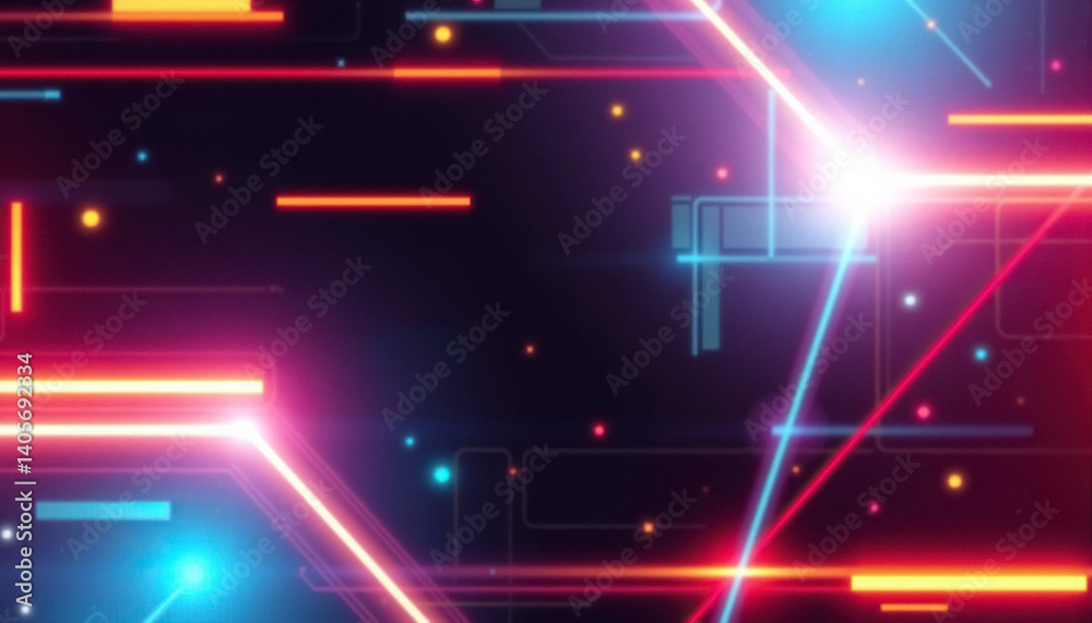 Poster abstract featuring neon lights and geometric shapes against dark backdrop modern design