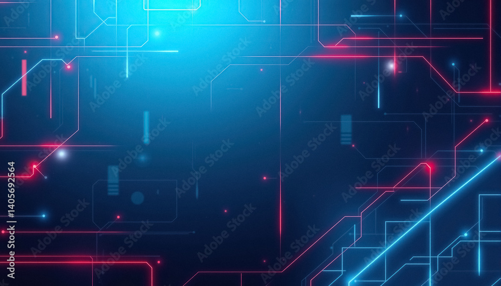 Poster futuristic design featuring interconnected circuits in vibrant blue and red hues technological backg