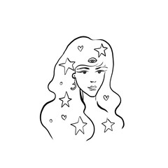 Contour drawing, beautiful image of a young girl with magic hair. suitable for design and tattoo images.