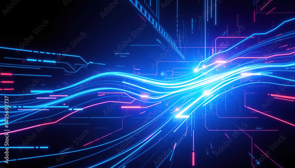 Poster abstract technology background with glowing neon lights and digital lines futuristic vibe
