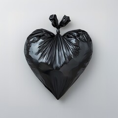 Heart-shaped black garbage bag symbolizing pollution, environmental neglect and consumer culture in wasteful society