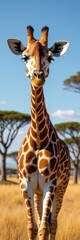 Fototapeta premium Giraffe Walking Towards Camera in African Savanna