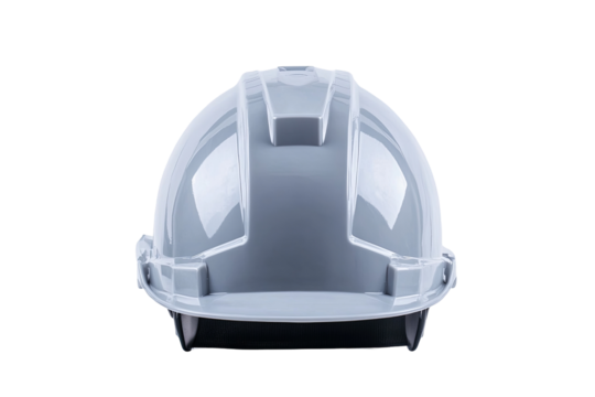 Frontal view of a pristine hardhat, gray shell, against a seamless transparent background, showcasing its form and safety aspects