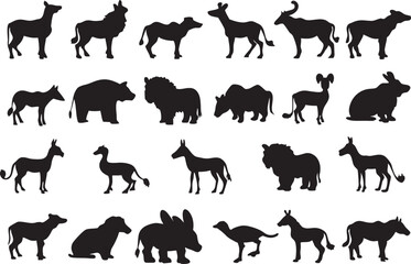 Animal Silhouette Vector Set of Popular Wildlife and Pets, Black Flat Animal Icons – Clean Minimalist Style, Perfect for Logos, Posters, Stickers, and Educational Use vector clipart.
