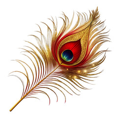 Obraz premium a red and gold peacock feather with a shimmer on white background.png
