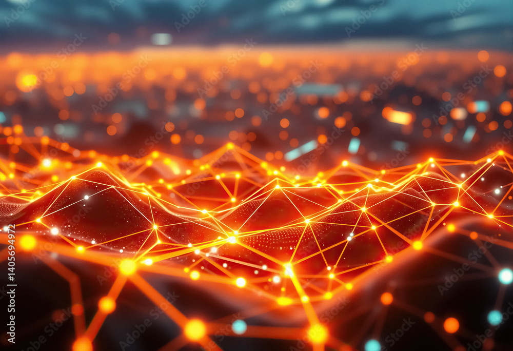 Poster Abstract network of glowing orange nodes and lines connection technology and communication
