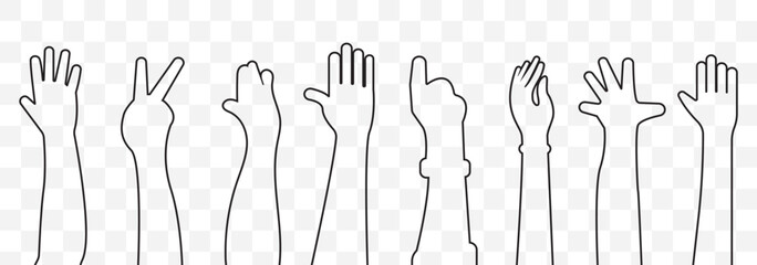 Raised Hands, Unity, Participation, Community, Collaboration, Teamwork, Group, Solidarity, Support. hands up icon vector sign on Transparent Background. EPS 10.