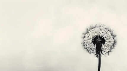 Fototapeta premium A black and white photo of the silhouette of an open dandelion against a light background, Generative AI illustrations.