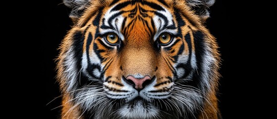 Obraz premium Captivating portrait of a striking tiger against a black backdrop. Focus on its powerful features