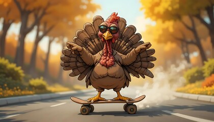 Cool Skateboarding Turkey Cartoon for Funny Thanksgiving Design | A hilarious cartoon of a turkey wearing sunglasses and riding a skateboard, perfect for humorous Thanksgiving graphics, cards
