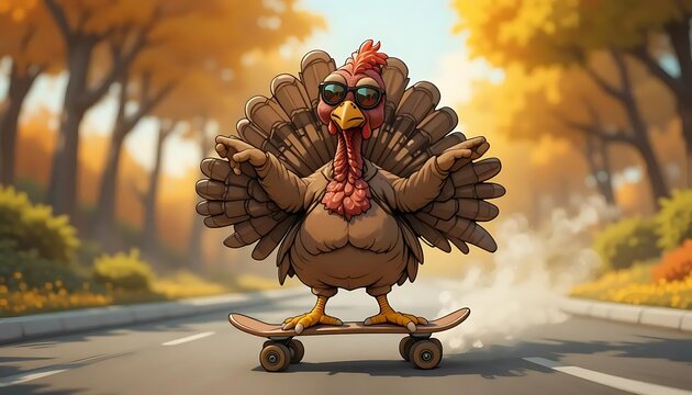 Cool Skateboarding Turkey Cartoon for Funny Thanksgiving Design | A hilarious cartoon of a turkey wearing sunglasses and riding a skateboard, perfect for humorous Thanksgiving graphics, cards