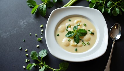 Meal Elegant Fine Dining Presentation of Healthy Vegetable Soup on Dark Slate Background