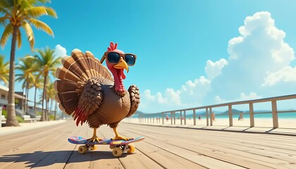 Cool Skateboarding Turkey Cartoon for Funny Thanksgiving Design | A hilarious cartoon of a turkey wearing sunglasses and riding a skateboard, perfect for humorous Thanksgiving graphics, cards