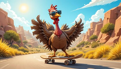 Cool Skateboarding Turkey Cartoon for Funny Thanksgiving Design | A hilarious cartoon of a turkey wearing sunglasses and riding a skateboard, perfect for humorous Thanksgiving graphics, cards