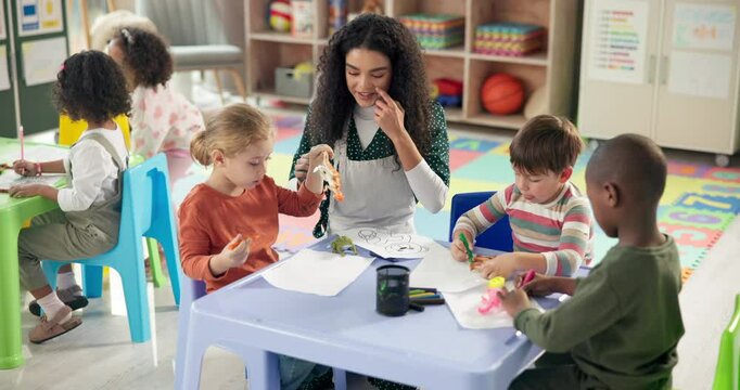 Woman, teacher and helping children with drawing in kindergarten classroom for early childhood development. Female person, educator or instructor with kids for fun activity or coloring at school - Powered by Adobe