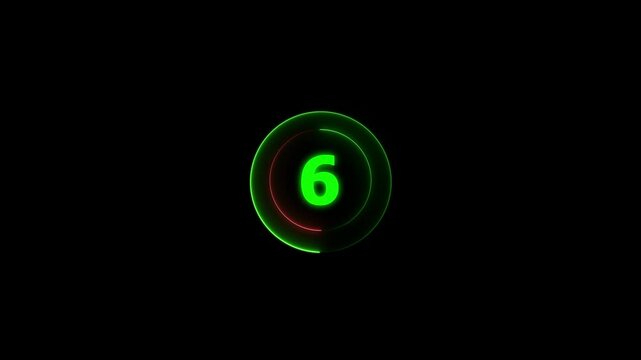 Neon number 6 animation, neon numbers. Dark background. A circle with a red neon icon on a black background and the text 6 in the middle of it.