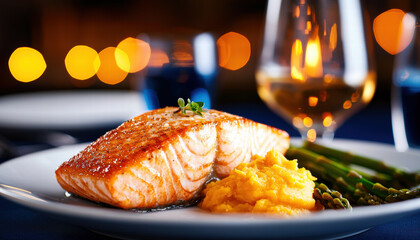 Delicious healthy food featuring grilled salmon with mashed sweet potatoes and asparagus