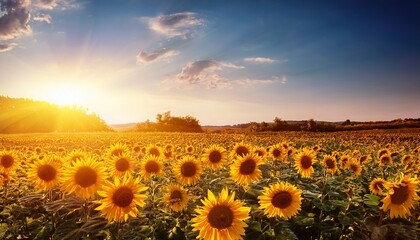 Obraz premium Field sunflower with flare light on the sun