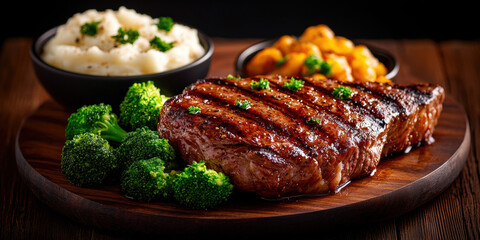delicious healthy food plate featuring grilled steak, mashed potatoes, and broccoli