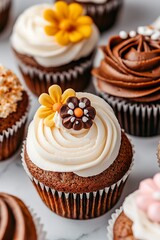 Decorative cupcakes with floral toppings on display