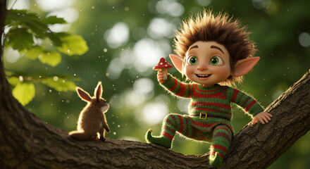 A cheerful woodland sprite shares a mushroom with a curious bunny friend amidst sun-dappled leaves and a softly blurred forest background.
