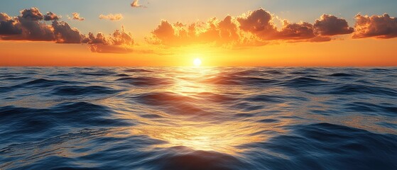 Obraz premium Ocean waves under a bright, golden sunset, with soft clouds reflecting light