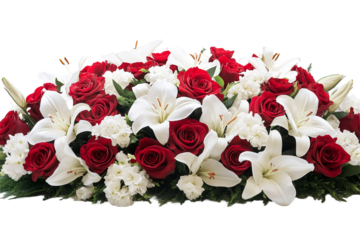 A vibrant floral arrangement of red roses and white lilies on a green background creates a stunning contrast and elegant feel