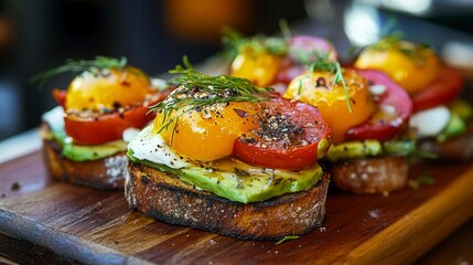 Delicious avocado toast with roasted tomatoes, eggs, and herbs.
