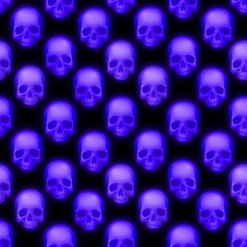 Purple neon retro skulls. Seamless pattern