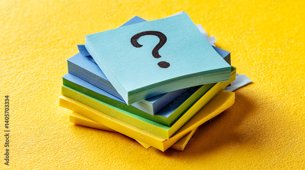 Poster Stack of colorful sticky notes, top note displaying a question mark, symbolizes inquiry, problem-solving, or brainstorming, ideal for educational or business concepts