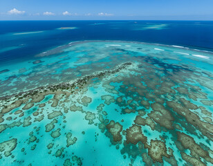 Aerial View of Turquoise Ocean Water and Coral Reefs Under a Blue Sky